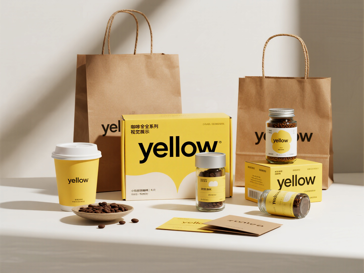 咖啡品牌CIVI包装,创作一组“yellow"咖啡品牌全系列产品的视觉展示图,以明亮黄色为主色调,牛皮纸包装为辅助,包含咖啡礼盒、罐装咖啡豆、咖啡豆玻璃罐、咖啡杯、小包袋装咖啡、手提咖啡、周边物料(杯垫、卡片、布艺包等 ),采用简洁整齐的平铺布局,呈现统一的品牌标识与风格,营造清新、专业的品牌视觉氛围 ,突出产品多样性与品牌一致性,背景干净 ,模拟高端咖啡品牌的物料陈列效果