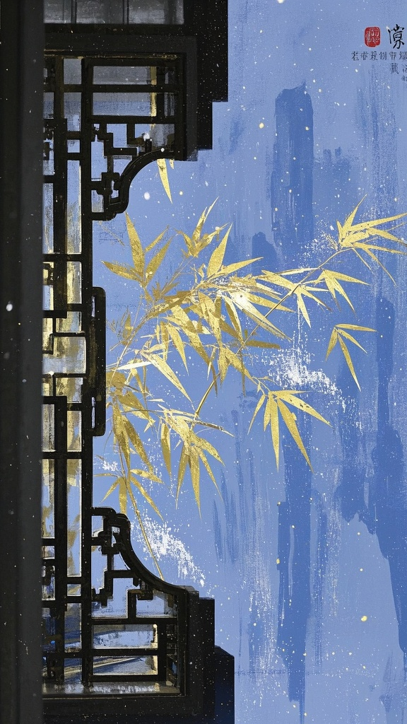 背景配图,黑色背景 极简主义,大面积留白,不规则留白,岩彩画,磨砂肌理,鎏金,中式花窗,宛如天成画框,圈住这一方灵动之景。竹影斑驳于窗棂之上,风过处,翠竹摇曳,一束金箔光速打在竹子上,与雪共舞,恰如古韵墨卷,蓝色系,东方美学