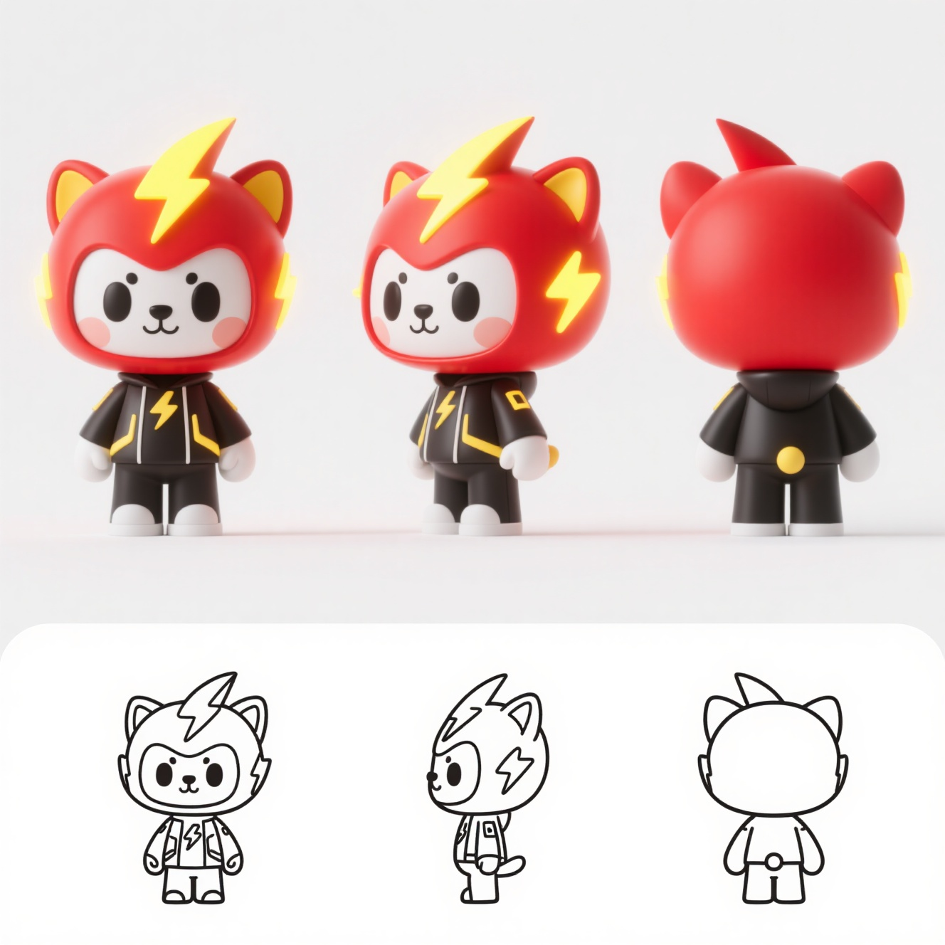 潮玩IP闪电猫,Q版可爱的IP,闪电元素动物拟人,潮酷,红黄配色,红色闪电外形的头,时尚前卫未来感装扮,内发光,酷,极简上面一排展示IP效果三视角,即正面视角、侧面视角、背面视角。下面一排展示黑白单色线稿草图的三视角,即正面视角、侧面视角、背面视角。线条流畅,清晰,唯一性,一致性,统一性,纯白背景。