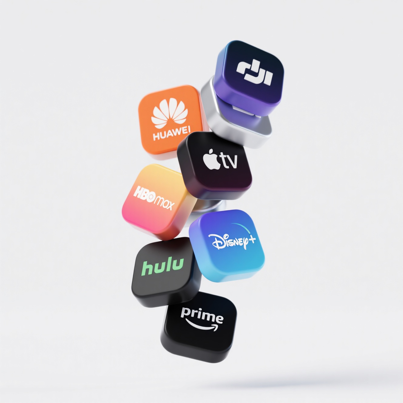 C4DUI图标,在白色背景中,一组多个3D圆角方形APP图标垂直错位堆叠排列,每个图标呈现不同的品牌标识,例如华为、小米、大疆、Apple TV、HBO Max、Disney+、Hulu、Prime Video等,图标表面带有不同颜色的金属光泽或渐变质感,呈现科技感十足的视觉风格。图标之间呈非对称轻微旋转偏移,悬浮在空中,形成立体动态的堆栈构图。整体风格极简、科技、立体,白底干净无杂色,强调数字媒体聚合平台主题,符合现代APP视觉设计风格。