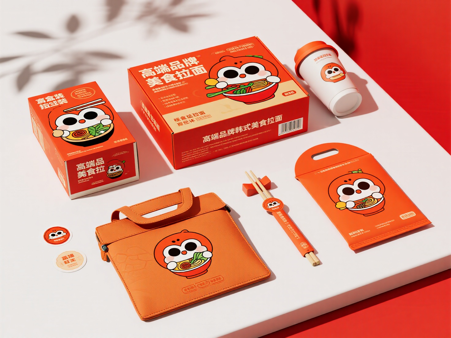 速食品牌CIVI包装,高端品牌韩式美食拉面,品牌VI及包装展示。以红橙色为主色调,搭配可爱卡通形象。包含盒装拉面、杯面、袋装拉面 、筷子套、贴纸等周边物品。背景干净简洁,光影结合,品牌VI效果展示,不同角度构图