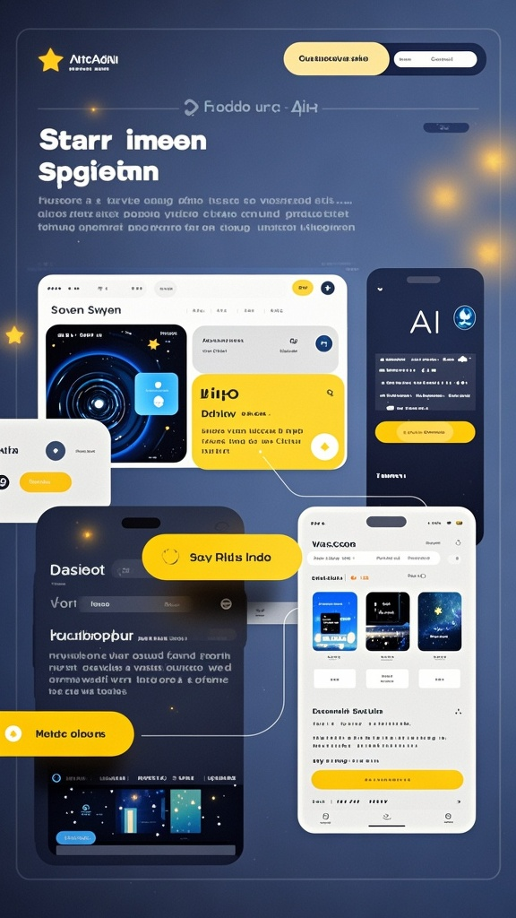UI手机效果图,在星星AIAPP的手机 UI 交互界面设计中,首页采用简洁的布局,以大尺寸的灵感图片和清晰的文字介绍吸引用户注意力。导航栏位于页面左侧,带搜索功能,方便用户快速找到所需参考的AI设计师作品。作品详情页展示设计者的详细信息、擅长风格和定制报价。做同款页面列出用户已选择的同款灵感,并提供用户赞赏功能,喜欢作品的人可以支付星星币支持一下。在 BRO 流程图中,作品上传处理流程从用户上传开始,包括提示词修改检查、尺寸大小、上传作品确认和命名等步骤。每个步骤都有明确的描述和相应的节点,流程图清晰地展示了作品AI生成到上传的整个过程。