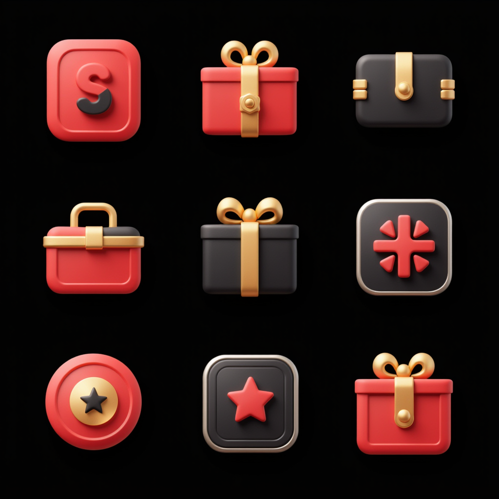 Logo图标设计之幻彩浮雕系列图标,Create a series of 9 exquisite, UI-inspired icons for an e-commerce platform. The icons should have an embossed effect, maintain a consistent series feel, and exude an upscale and minimalist aesthetic. Utilize a color scheme of red, gold, black, and gray, ensuring the highest image quality. Each icon should be colorful and semi-transparent, set against a pure black background. The design should be creative and convey a sense of luxury and sophistication.