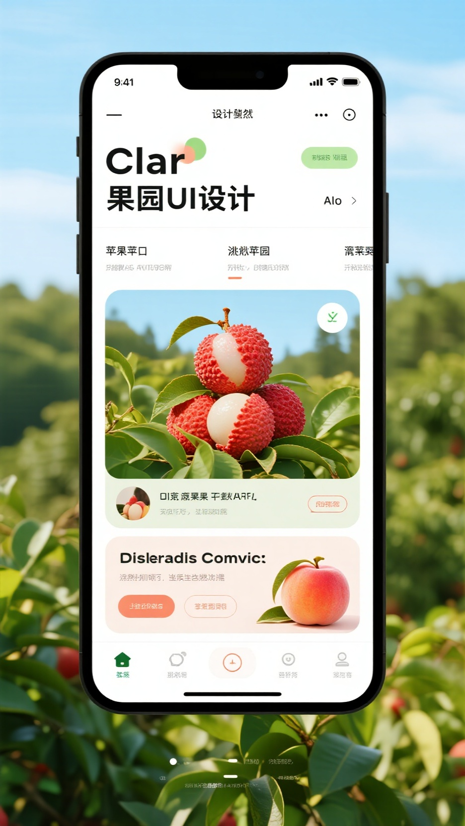果园APPUI手机效果图,果园UI界面设计,画面中有荔枝果园,有苹果果园,有桃子果园,有自然风格的元素,高级感