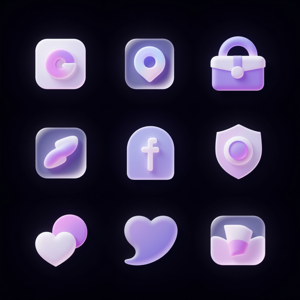 Logo图标设计之幻彩浮雕系列图标,Create a series of 9 exquisite icons for a social entertainment platform. The icons should have a UI design with a raised relief effect, maintaining a cohesive series feel and a unified, sophisticated style. Use a minimalist approach with a color palette of pastel purple, blue, pink, and white. Ensure the best image quality with a semi-transparent effect. The background should be pure black, enhancing the visual impact and creativity of the icons.