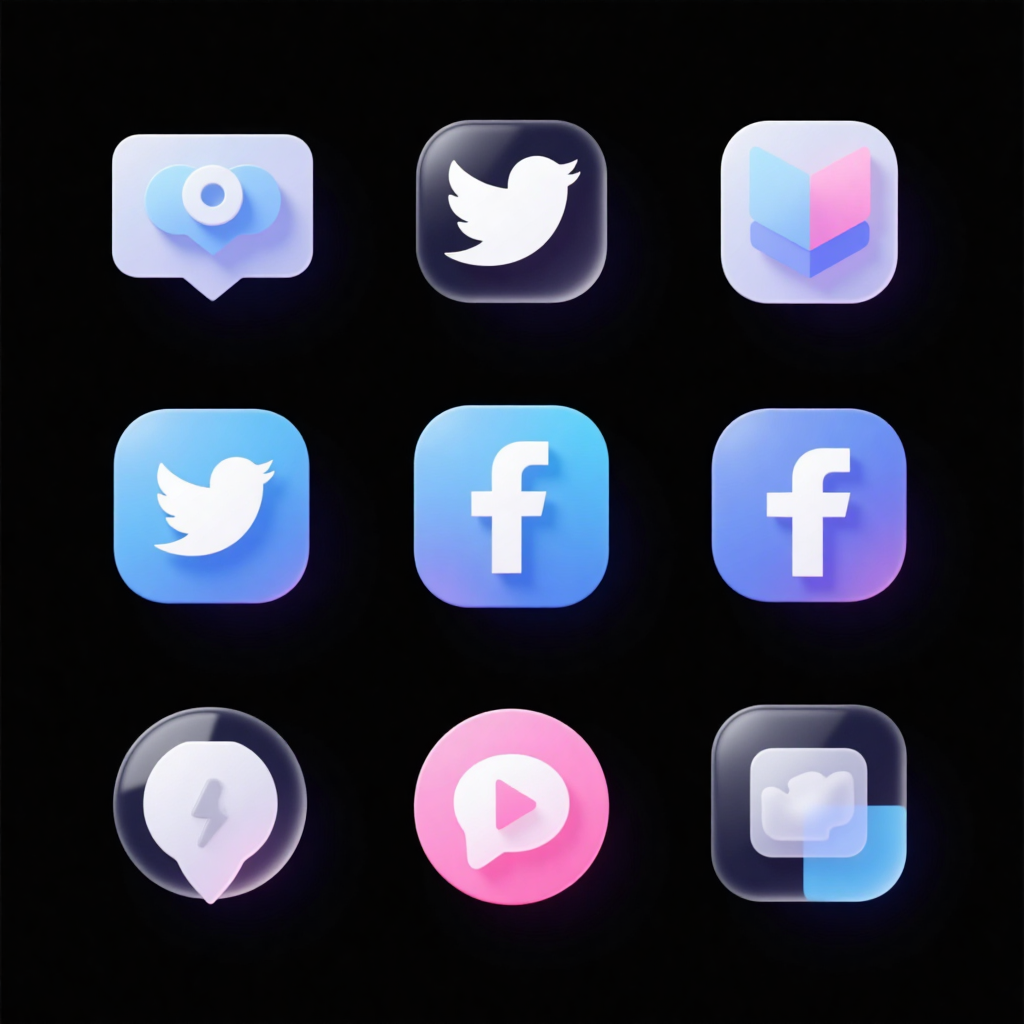 Logo图标设计之幻彩浮雕系列图标,Create a series of icons (9 in total) for a social media application, exquisite, UI-focused, with an embossed feel, a sense of the series, unified style, high-end feel, minimalistic, using pastel blue, cyan, pink, and white color scheme, best quality, creative, colorful, sophisticated, semi-transparent, on a pure black background.