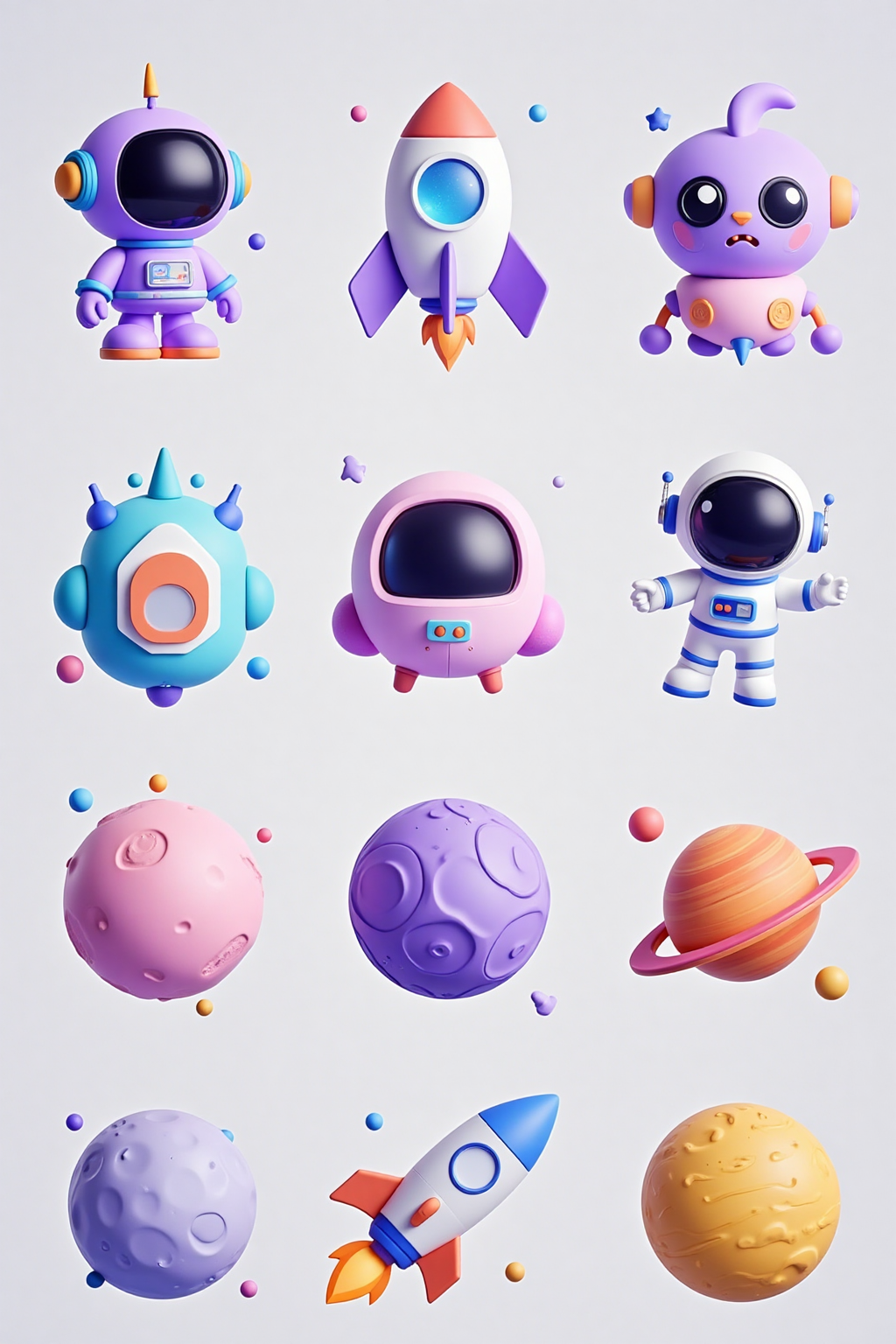 Dribbble风格3D图标,pic,A set of space themed 3D icons including purple robot astronauts, multi shaped rockets, extraterrestrial creatures, astronauts, planets with rings, pink purple planets, satellites, and orange yellow planets Use soft macaron tones