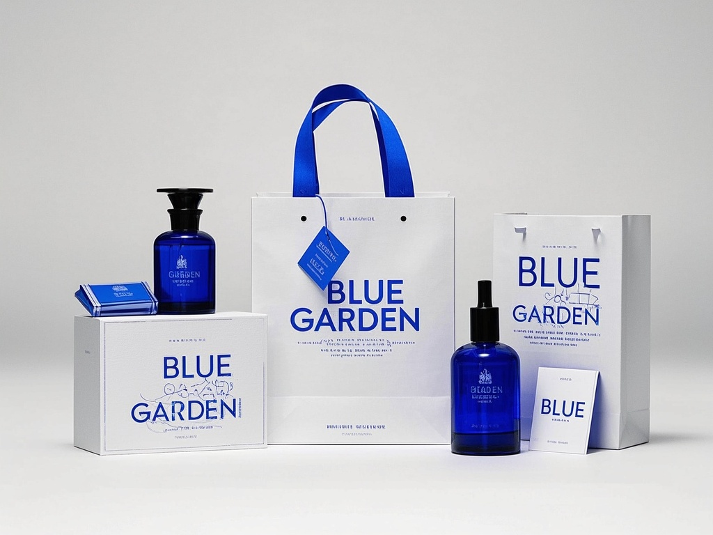 香薰品牌CIVI包装,一款现代极简风的品牌包装设计,专注于高级感香薰品牌概念。主视觉包括一个白色手提袋一个白色纸盒,正面采用醒目的蓝色衬线字体“BLUE GARDEN”,并点缀精致的微排版文字,呈现类似杂志级的编辑设计风格。手提袋的几何结构手柄采用鲜艳的皇家蓝,增强整体现代感与品牌识别度。旁边摆放了两瓶黑色瓶盖的蓝色玻璃香薰瓶,一个香薰蜡烛,一个白底蓝色字纸盒,整体设计与品牌视觉高度统一。展现品牌高级感;手提袋上悬挂一张透明蓝色标签,背景采用中性色调+柔和阴影,凸显包装的高级细节。整体视觉风格简约、结构化、极具现代感,非常适用于精品香薰品牌、高端排版设计、现代包装美学探索。