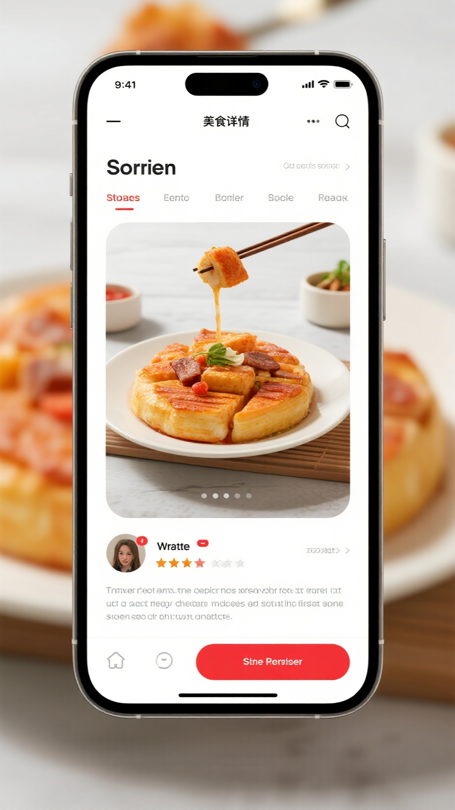 UI手机效果图,美食详情页界面,手机屏幕呈现3D菜品旋转展示区,智能营养标签弹窗,红白配色方案,用户评分进度条,卡片式评论模块,简约无衬线字体,玻璃质感按钮