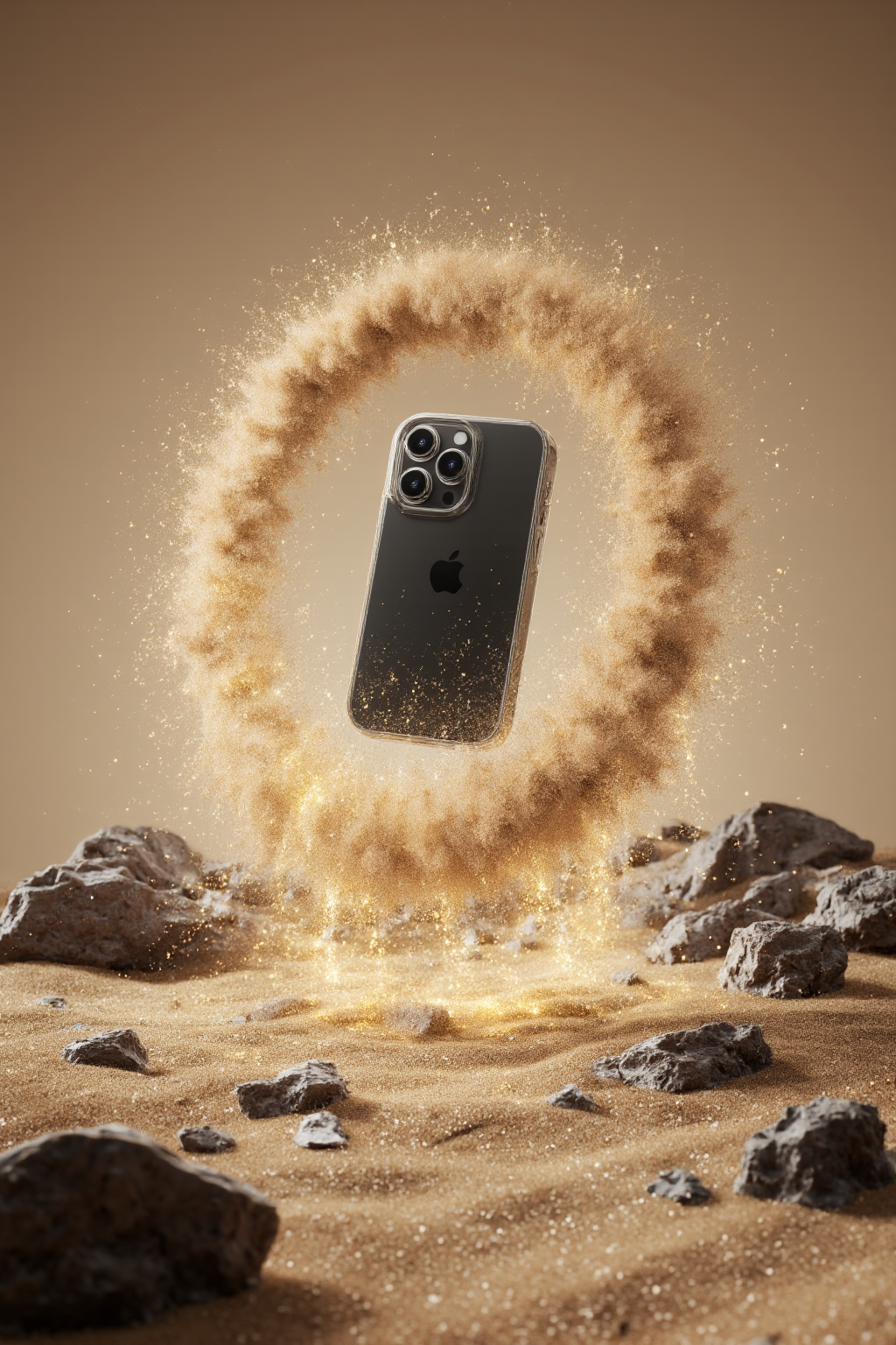 电商场景渲染,This is a CGI (computer-generated imagery) rendering depicting the iPhone being launched into the air from a rocky,desert-like terrain. The iPhone sits at the center of the image,encased in a sleek,transparent protective case,with a black screen and reflective material on the back,including a camera module and various sensors.,The background of the image is a barren sandy landscape dotted with scattered rocks,and a cloud of dust or smoke rises from the phone's launch point,indicating a powerful thrust. This cloud of smoke or dust is illuminated by golden light,adding a dynamic and vibrant effect to the scene. The lighting is rough and directional,casting sharp shadows that emphasize the rugged texture of the terrain.,Overall,the image conveys a sense of modern technology and speed,and the smart phone's stylish design contrasts sharply with the rugged natural environment. The colors are mainly brown and beige,and the smartphone is lit in metal and gold.,This is a digital artwork depicting a swirling,abstract pattern resembling a vortex or whirlwind. The image is composed entirely of fine,granular particles in shades of beige and brown,creating a textured,almost sand-like appearance. The particles are arranged in a spiral formation,with the densest concentration at the center,gradually dissipating towards the outer edges. The overall effect is one of motion and chaos,with no distinct objects or figures present. The swirling motion suggests a dynamic,turbulent force,possibly representing a natural phenomenon or a metaphorical representation of chaos or confusion. The texture is coarse and rough,enhancing the sense of movement and energy. The color palette is limited to earthy tones,adding to the naturalistic and organic feel of the artwork. The absence of any recognizable objects or people emphasizes the abstract and conceptual nature of the piece.,