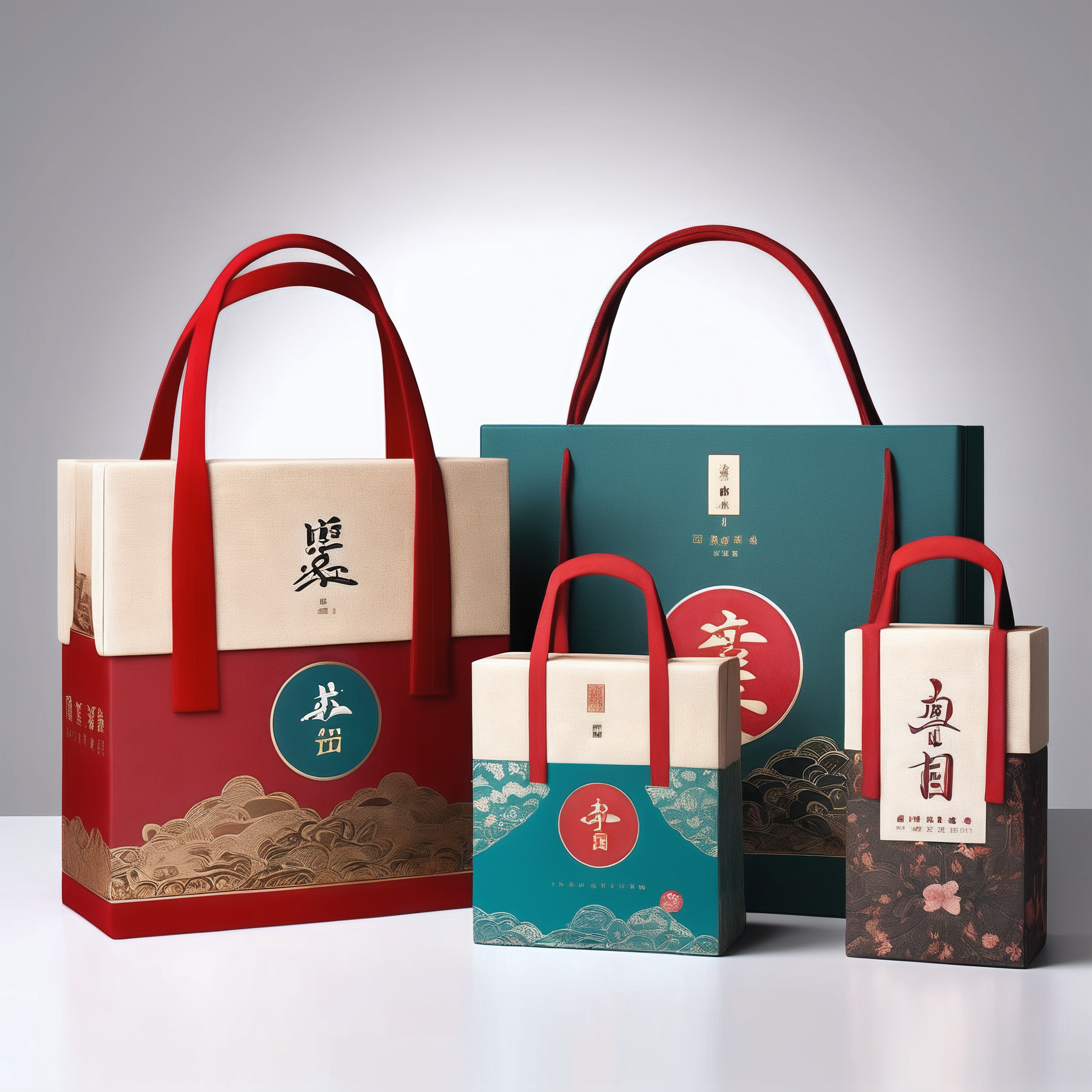 包装设计,Masterpiece, Best Quality, 32k UHD, Epic CG Masterpiece, HDR, DTM, 8K, Ultra-Detailed Graphic Tension, Octane Rendering, Dynamic Pose, Stunning Colors, 3D Rendering, Surrealism, Cinematic Lighting Effects, Super Realistic, Super Long Shot, Ultra Wide Angle, HD, Large Aperture, (Chinese Tea Packaging Design, Including Gift Boxes, Small Packages, Tote Bags, etc.) (Song Dynasty Aesthetics: 1.5) Amazing Creativity, with Traditional Chinese Cultural Connotation, Exquisite Patterns, There are elements of oriental tea culture, with unique shape, noble, gorgeous, and impressive. Extreme detail, product-quality photos.