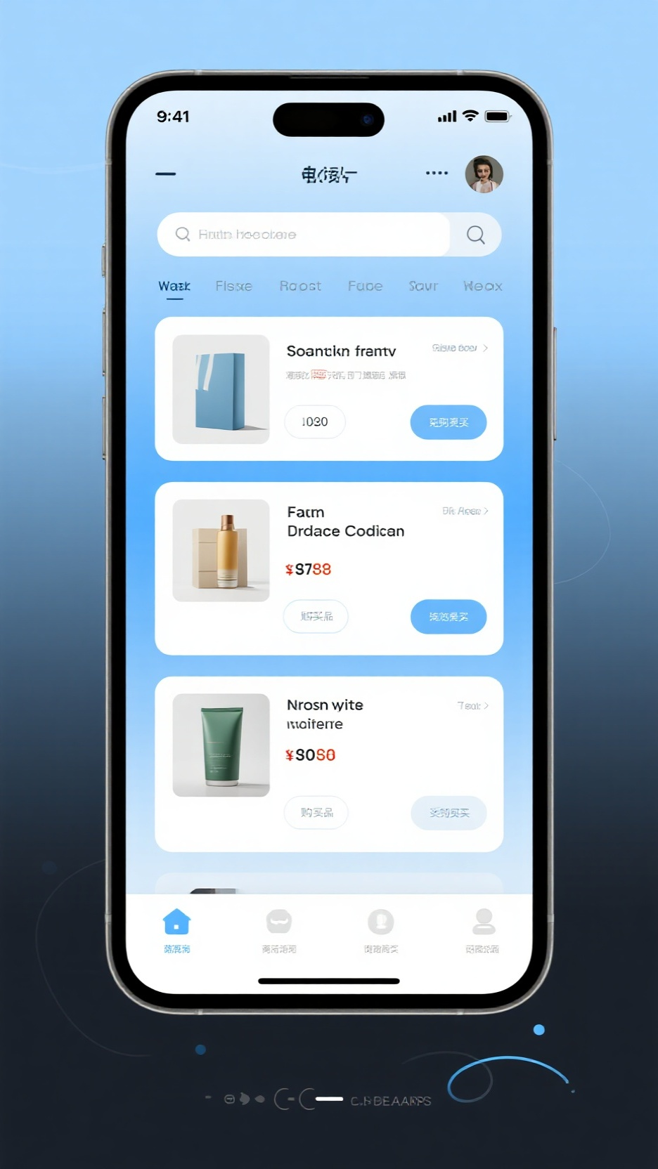 UI手机效果图,电商购物APP界面,手机屏幕展示商品瀑布流布局,简洁图标导航栏,蓝色渐变主题色,卡片式商品展示,购买按钮悬浮动画,高清渲染,科技感UI设计