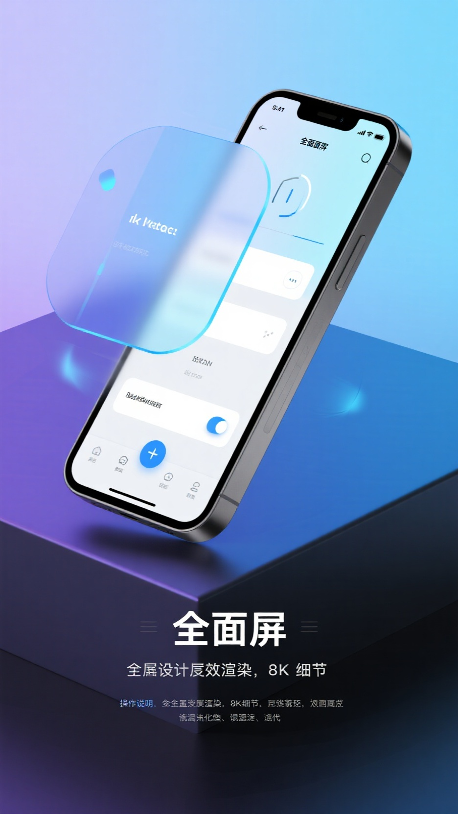 UI手机效果图,科技感智能手机三维效果图,磨砂金属机身,全面屏显示简约UI界面,半透明蓝色玻璃菜单,线性光效悬浮图标,霓虹蓝紫渐变背景,工业设计级渲染,8K细节,等距视角,极简主义
