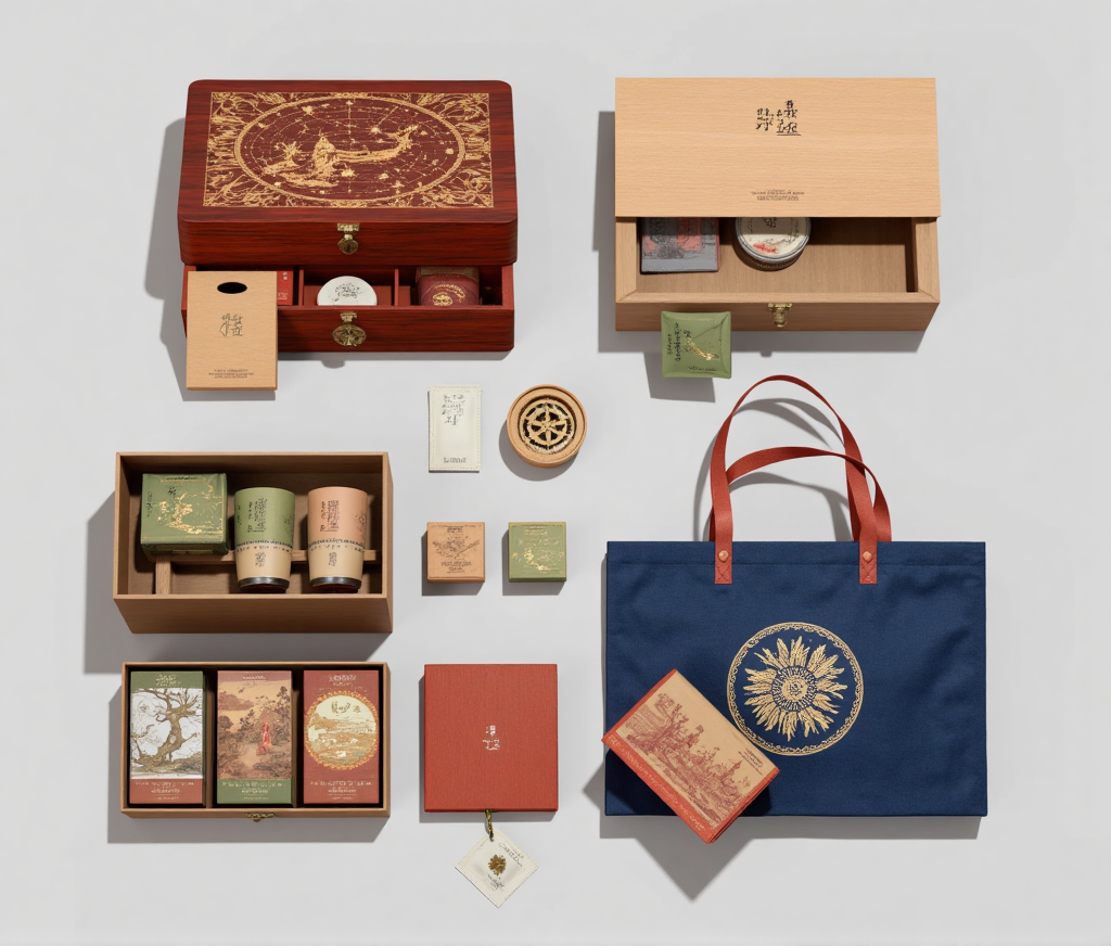 传统包装礼盒设计,茶礼盒vi品牌包装,A packaging design,A lacquer box with celestial dome design,mother-of-pearl inlay depicting Lahu epics. Rotatable turntable with Song dynasty landscape painting. Bamboo tea drawers with gilded process diagrams. Indigo-dyed tote bag with bronze reed-pipe handle. 24K gold holographic heritage emblem. Handmade herb paper lining with soil specimens. Tea sachets printed with ancient music notation. --niji 6 --style raw --stylize 1000 --chaos 30,