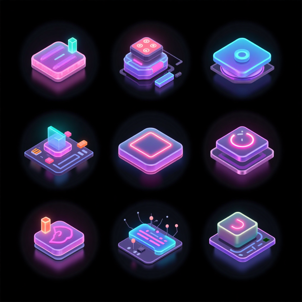 Logo图标设计之磨砂玻璃霓虹图标系列,Icon collection of various electronic components (9), frosted glass icon series, dazzling colors, user interface design, application design, fresh and simple design, flat design, center composition, ultra-realistic details, neon light flashing, black_background,