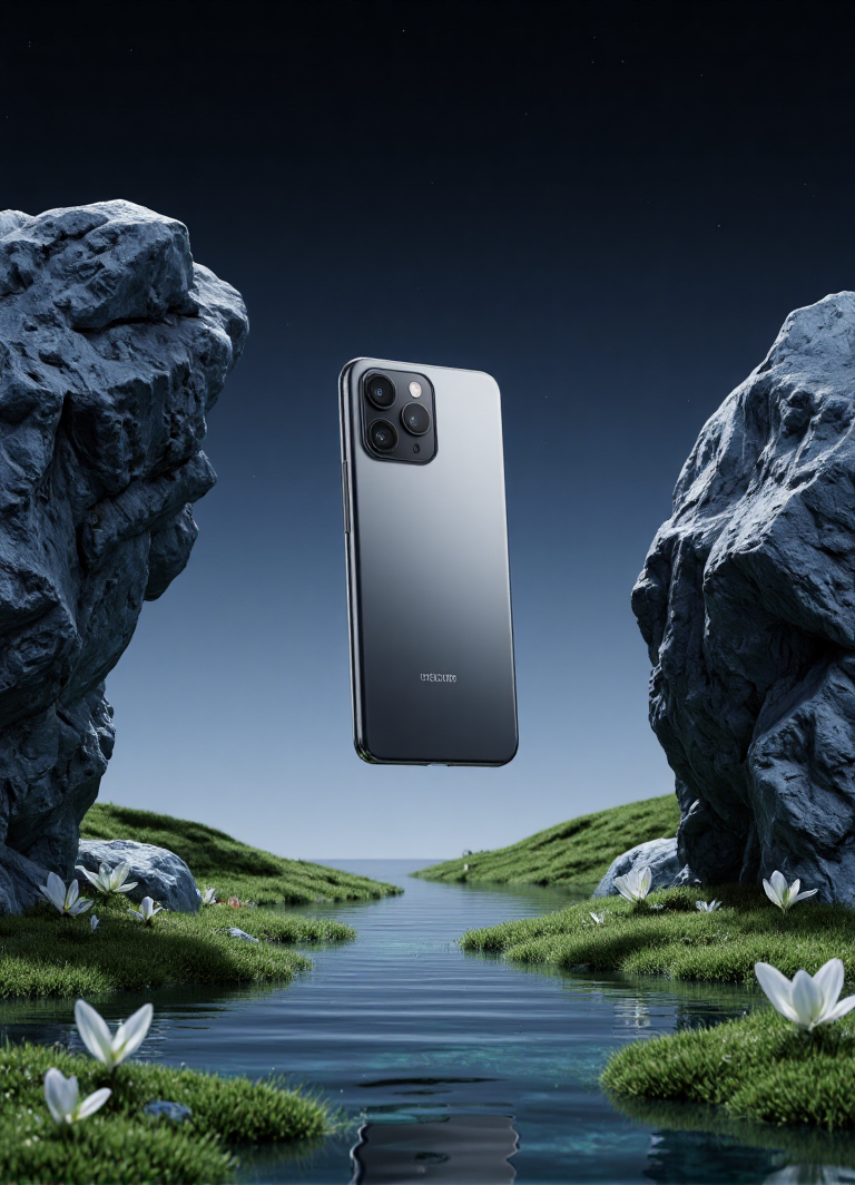 电商 手机展示,It's a highly detailed cgi rendered photo of a silver-black cell phone suspended in mid-air with a background that transitions from dark blue to light blue. The phone's appearance is exquisite,with shiny edges that represent its particularly good quality,and the background consists of two large,jagged rocks that seem to float in mid-air,adding weightlessness and surrealism to the scene. The surface of the rock is rough and uneven,in varying shades of blue-gray,in stark contrast to the mobile phone. The lighting is soft and directional,highlighting the phone's reflective surface and casting subtle shadows on the rocks to enhance the three-dimensional effect. The overall composition is visually striking,emphasizing luxury and mystery by juxtaposing the exquisitely smooth phone with the rugged natural rock. The surrounding water is clear against the surrounding greenery and sky,creating a peaceful and peaceful atmosphere. Green moss and small white flowers around the pond add to the peaceful atmosphere. The texture of the moss is soft and silky,while the petals are delicate and almost translucent. The background shows a continuation of greenery,with more rocks and a gentle slope to the pond. The entire palette is dominated by green and white,with blue and gray accents on the rocks and water. This CGI artwork is highly realistic,accurately capturing intricate details and textures,making it look almost realistic. The scene is devoid of any human presence,emphasizing the beauty of nature and the tranquility of the environment.,