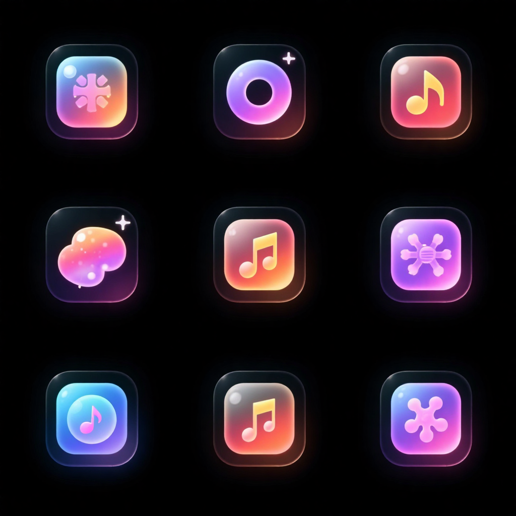 Logo图标设计之磨砂玻璃霓虹图标系列,Icon collection of various musical instruments (9), frosted glass icon series, full color, user interface design, application design, fresh and lively design, flat design, central composition, ultra-high definition details, neon light shrouded, black_background,