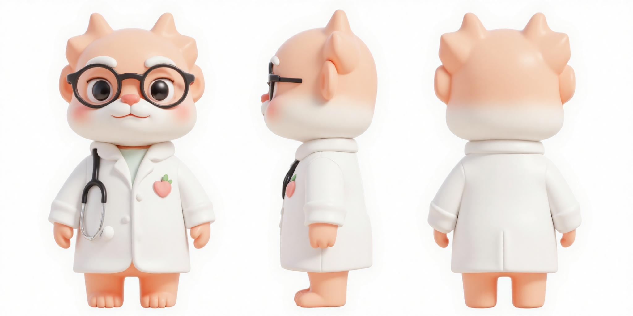 IP形象,SST,This is a digital rendering of a cartoon dragon from the front,side and back. This 3D rendering shows a cute dragon doctor with a peach-colored gradient,A cute appearance,a round head,big black eyes,black glasses,a stethoscope wrapped around his neck,and a long white doctor's coat. The white coat was printed with a peach-like love and a peach-like ball. The dragon had no tail,the background was a pure white Composition that aesthetic,(no tail:1.2),