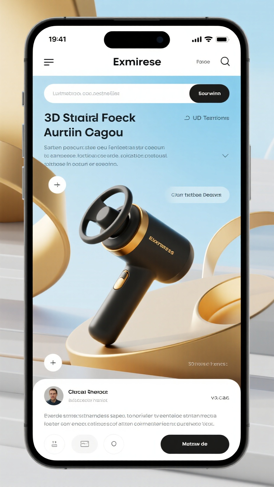 UI手机效果图,跨境电商商品详情页,多语言切换按钮,物流跟踪进度条,3D产品旋转展示区,蓝金配色方案,卡片式评论模块,简约字体排版,光影质感渲染