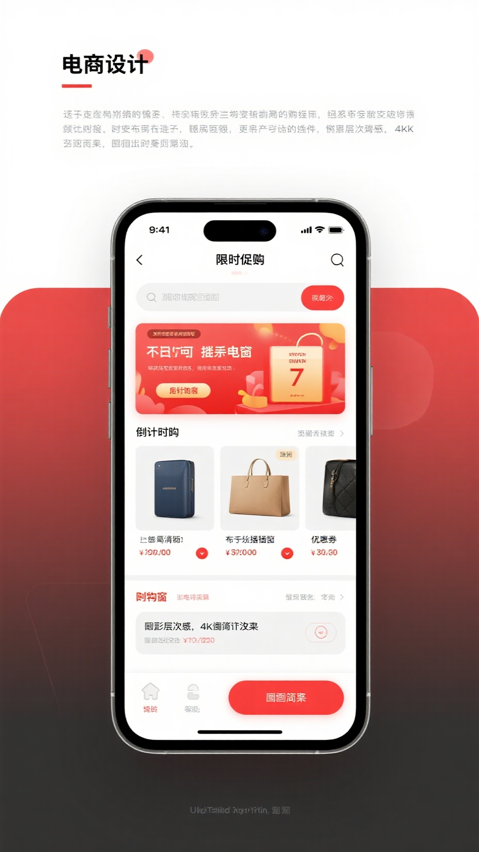 UI手机效果图,手机端电商促销页面,限时抢购倒计时组件,红色主题按钮,商品橱窗轮播图,优惠券弹窗,极简白色背景,微阴影层次感,4K细节渲染