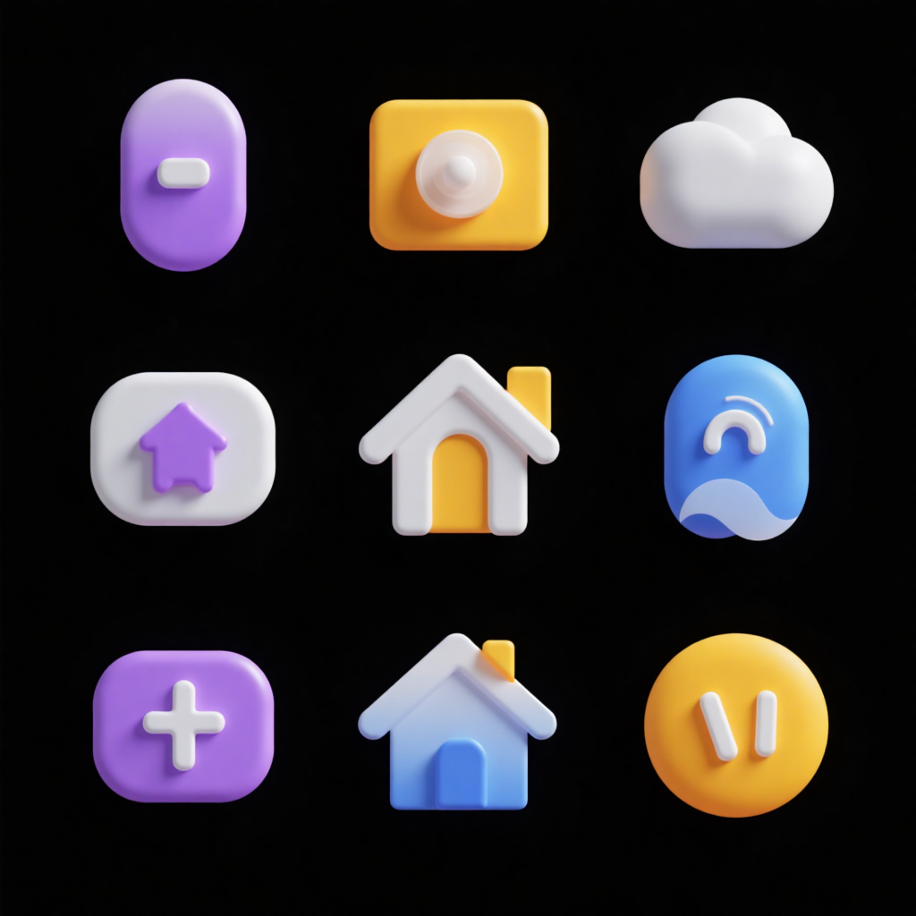 Logo图标设计之幻彩浮雕系列图标,Create a series of 9 icons for smart home control, exquisite, UI-focused, with an embossed feel, cohesive series sense, unified style, high-end feel, minimalistic, using purple, yellow, blue, and white color scheme, best quality, creative, colorful, sophisticated, semi-transparent, on a pure black background.