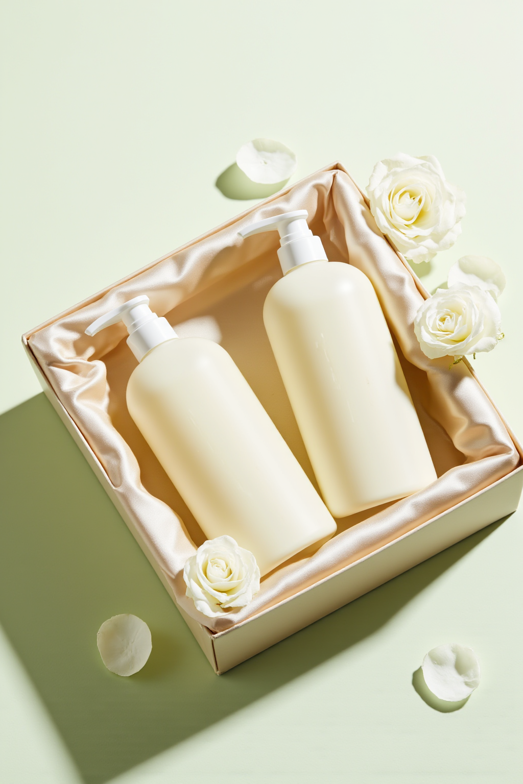 美妆洗护礼盒、电商洗护场景摄影,This photograph features two bottles of off-white frosted glass body wash, placed side by side in a luxurious beige silk-lined box. The satin fabric inside the box has a smooth and lustrous texture, creating a rich and elegant setting. The bottles are smooth and minimalist, with clean lines and matte finishes, emphasizing their simplicity and functionality. White roses with soft petals are delicately placed on both sides of the bottles, adding a touch of natural beauty and freshness. The box is set against a soft light green background, providing a serene and peaceful atmosphere. The scene is well-lit, with soft shadows cast by the light source, adding depth and dimension. The minimalist yet exquisite style emphasizes clean lines and a sense of tranquility. The composition integrates floral elements seamlessly into the luxurious theme, enhancing the overall aesthetic appeal.