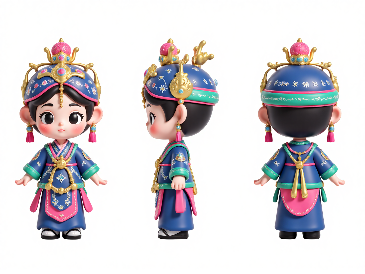 3D三视图IP盲盒手办潮玩设计,cute Oriental beauty character,traditional outfit with geometric patterns,elaborate headdress adorned with geometric motifs,color scheme of blue,pink,and green. Style: flat illustration,minimalist design,oriental aesthetics. Three views (front/side/back) showcasing intricate geometric textures and ornamental details (tassels, pattern joints) of the costume and headdress. Elegant,dignified,with clean lines and decorative elements.,