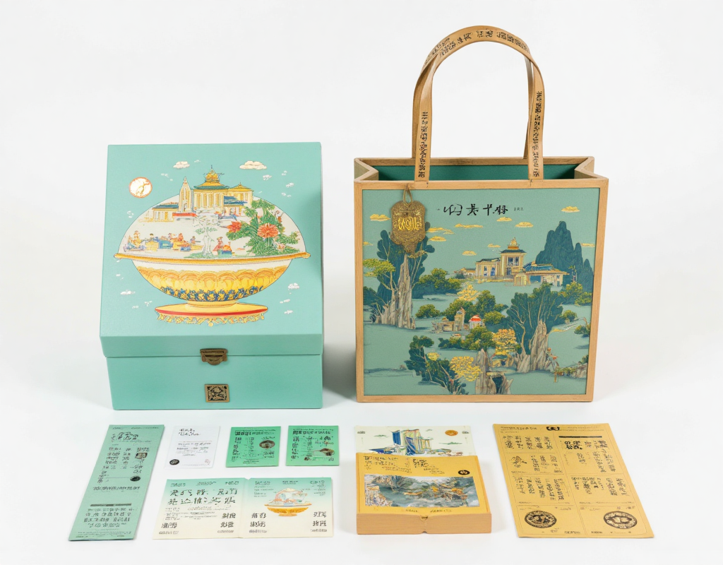 只此青绿色系礼盒包装设计,Brand design,A lacquer box with celestial dome design,mother-of-pearl inlay depicting Lahu epics. Rotatable turntable with Song dynasty landscape painting. Bamboo tea drawers with gilded process diagrams. Indigo-dyed tote bag with bronze reed-pipe handle. 24K gold holographic heritage emblem. Handmade herb paper lining with soil specimens. Tea sachets printed with ancient music notation. --niji 6 --style raw --stylize 1000 --chaos 30,