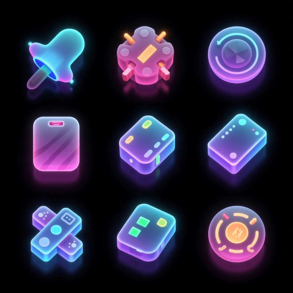 Logo图标设计之磨砂玻璃霓虹图标系列,Icon collection of various electronic components (9), frosted glass icon series, dazzling colors, user interface design, application design, fresh and simple design, flat design, center composition, ultra-realistic details, neon light flashing, black_background,