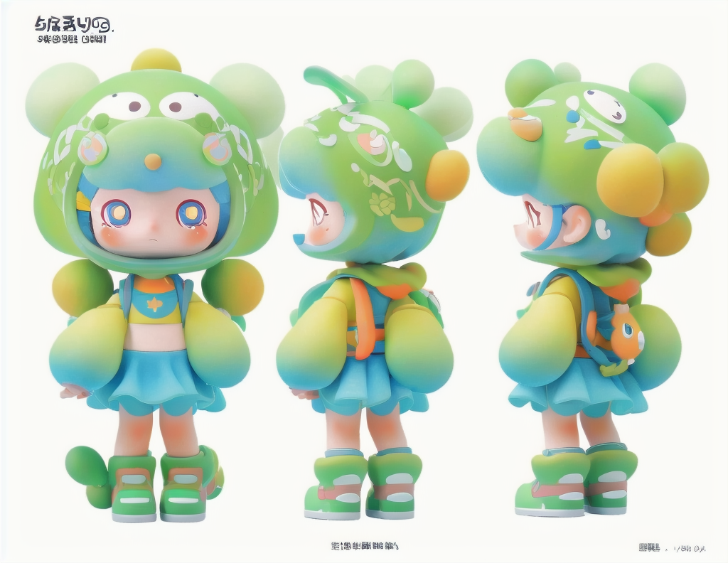 IP三视图,(masterpiece:1.0), (best quality:1.0), (ultra highres:1.0) ,(8k resolution:1.0),An ip image of a girl, masterpiece, pick, cute, best quality, character design, three views, front view, side view, back view, chibi, cute, simple background,