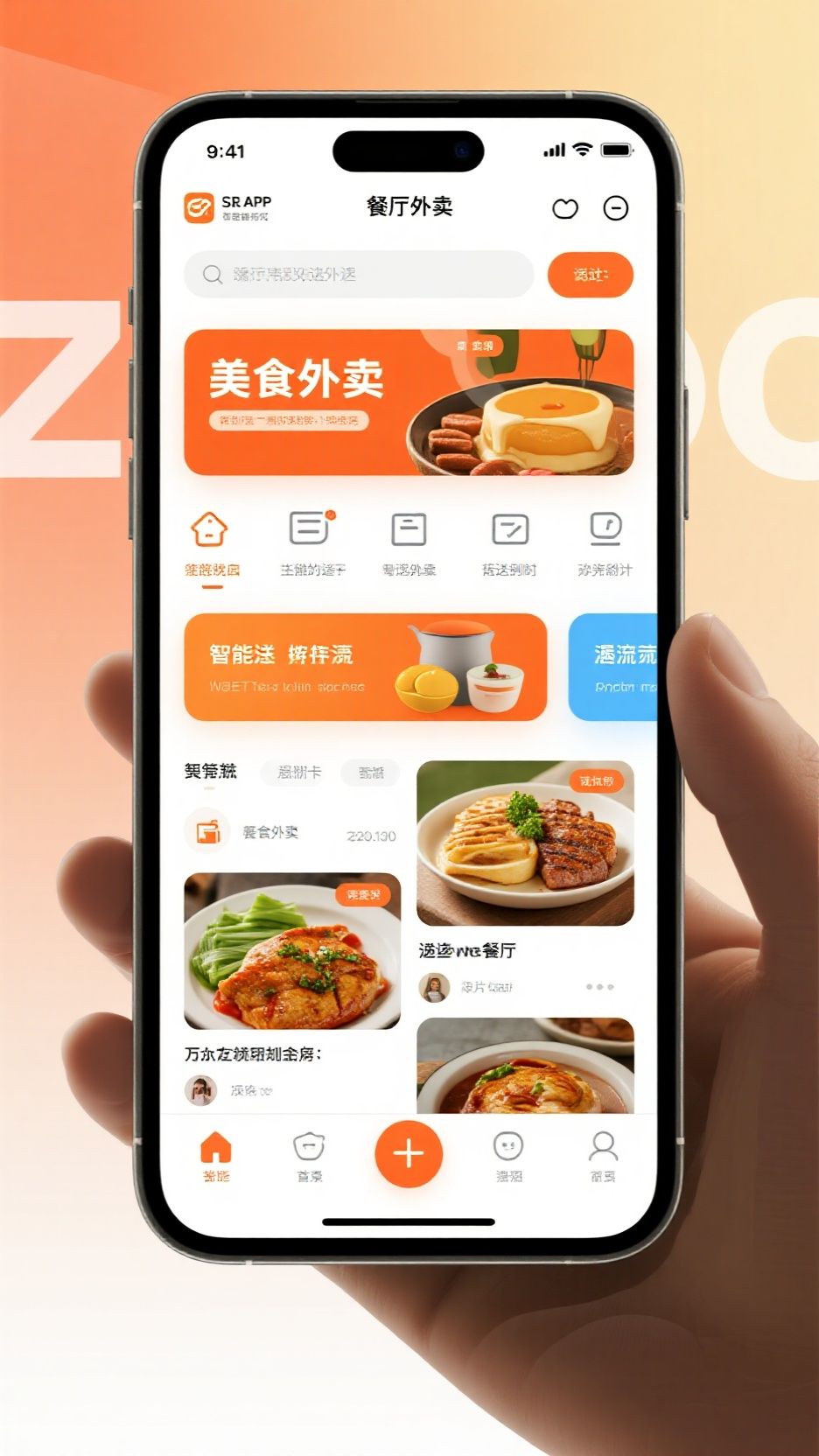 UI手机效果图,美食外卖APP首页,手机屏幕展示动态餐厅轮播图,智能推荐菜品瀑布流,橙色主题按钮,极简图标导航栏,配送倒计时悬浮窗,卡片式餐厅展示,微渐变背景渲染