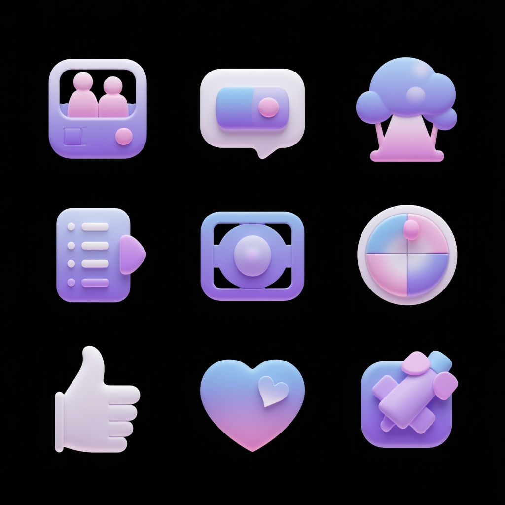 Logo图标设计之幻彩浮雕系列图标,Create a series of 9 exquisite icons for a social entertainment platform. The icons should have a UI design with a raised relief effect, maintaining a cohesive series feel and a unified, sophisticated style. Use a minimalist approach with a color palette of pastel purple, blue, pink, and white. Ensure the best image quality with a semi-transparent effect. The background should be pure black, enhancing the visual impact and creativity of the icons.