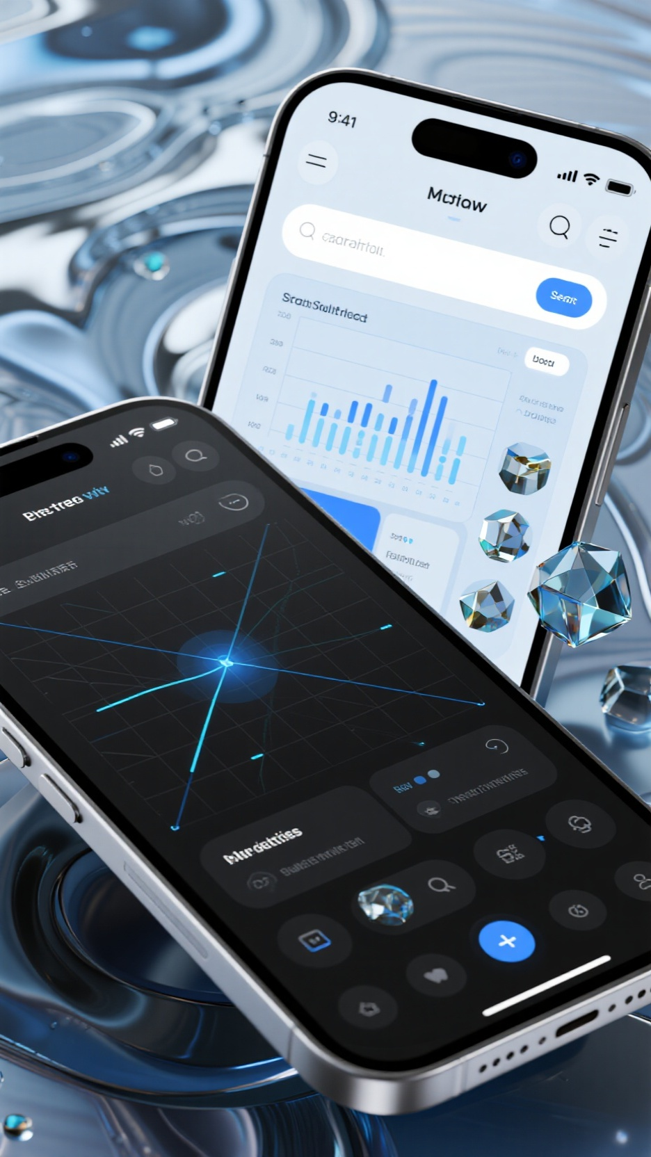 UI手机效果图,未来主义手机UI概念图,纯黑曲面屏展示数据可视化界面,发光网格线,水晶质感图标,深空蓝与银灰配色,负空间设计,精细金属边框,科技企业官网展示风格,超写实渲染