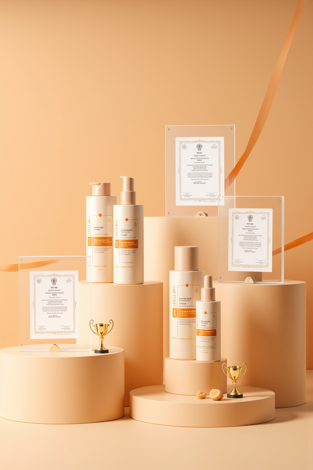 电商场景证书质检报告奖杯场景纸质合同户外产品报告质检报告,Award-winning skincare products are displayed on pedestals and engraved with trophies, alongside certificates symbolizing recognition of beauty and health excellence, neatly stacked on beige shelves with simple backgrounds,The winning products and trophies are displayed on the base, alongside certificates that symbolize recognition of excellence in beauty and health, neatly stacked on beige shelves set against an elegant backdrop.Three clear acrylic display cases with orange accents, each containing a white certificate or document, and winning products with trophies displayed next to the base, set against an elegant warm color background.