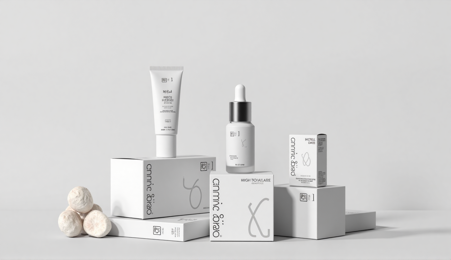 护肤品包装设计,效果图展示,Vi,VI,minimalist style,silver skin care packaging box packaging scene,three boxes are placed,diagonal composition,there is no text content on the box,the box size is a rectangle,17cm long,5cm wide and 5cm high,silver skin care products silver bottle series products (skin care products) as the theme,the box skin care products are arranged neatly,white shaped stone as decoration,The guanfu brand's various product packaging models,themed in silver and white,with unique brand elements,are neatly placed. All of this is displayed on a surface with a light background. The composition is well organized and displayed in a tiled view against a solid colored background,all designed to convey the charm,style and modernity associated with advanced skin care.,