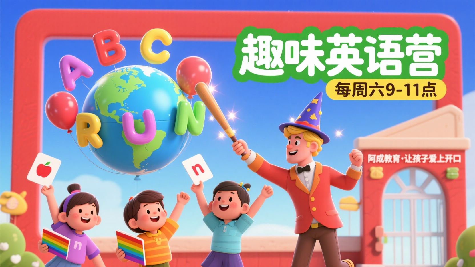 教育banner,蓝底渐变天空下,卡通地球仪悬浮,环绕ABC字母气球。金发外教戴魔法帽挥棒,光点变单词卡片(apple/run),仨小学生举彩虹色单词本欢呼。红底白字“趣味英语营”置顶,绿框标“每周六9-11点”,右下角校门剪影配“阿成教育·让孩子爱上开口”。