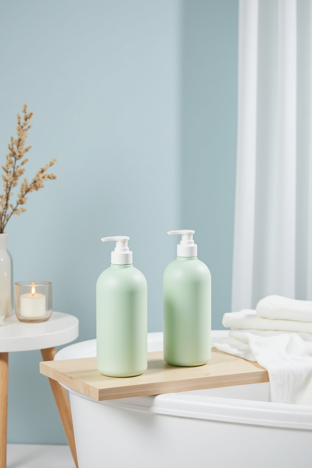 美妆洗护、电商洗护场景摄影,This minimalist modern bathroom photo captures a peaceful and clean environment with a soft color palette. The main elements include two mint green cylindrical bottles of smooth body wash with pump dispensers, placed on a light wooden tray above a white rectangular bathtub. The cylindrical bottles have a smooth texture, enhancing the sleek design. The tray is crafted from natural wood, adding warmth to the otherwise cool and pristine setting.In the background, the walls are painted in a calming light blue, complementing the fresh and tranquil theme. To the left, a small table holds a semi-transparent glass vase filled with dried flowers, bringing a touch of nature into the space. A white candle in a glass holder on the table emits a soft and warm glow. The white curtains on the right side of the bathroom contribute to a clean and airy ambiance. The neatly folded towels complete the serene and organized look. The lighting is soft and diffused, highlighting the textures and colors of the objects while maintaining a calm and relaxing mood.