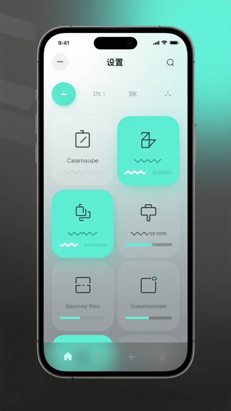 UI手机效果图,智能手机设置菜单界面,毛玻璃特效,无边框卡片布局,几何化线性图标,动态电量波纹显示,霓虹青与碳灰配色,极简主义,产品设计稿,OC渲染器质感,4K细节