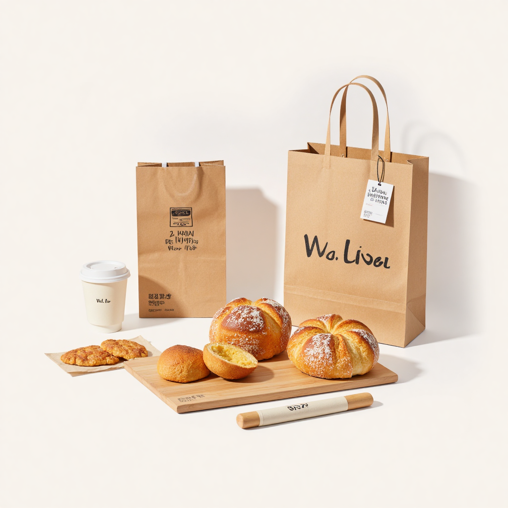 品牌VI设计,Vi,VI, modern minimalist style, bread brand design and packaging design with warm tones, a simple wooden cutting board with a freshly baked round bread, next to a baguette and a smaller bread, a kraft paper tote bag, a milk tea cup, a menu, neatly arranged, white background