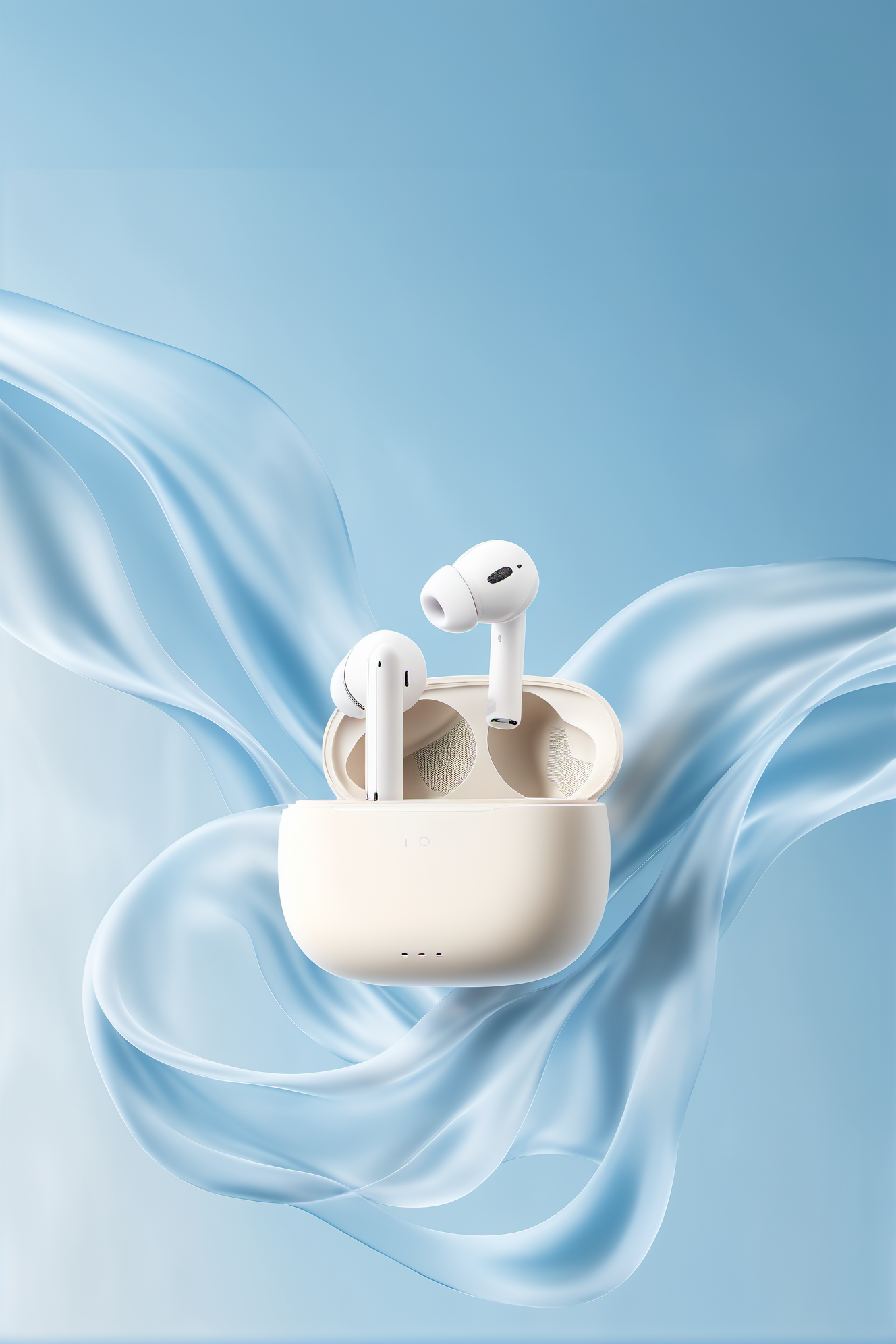 耳机电商场景,The white headphones are placed on transparent glass silk,which is silky smooth and suspended in the air,with beautiful and soft light,cinematic sense,minimalist style,light blue tone,and still life photography,