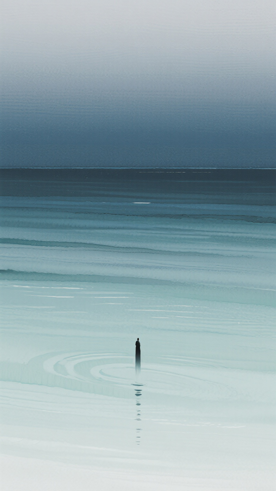 简约渐变背景大海壁纸,9:16竖版海洋背景,雾灰蓝渐变浅海水绿,柔光朦胧晕染,极简抽象波纹,超低饱和度静谧感