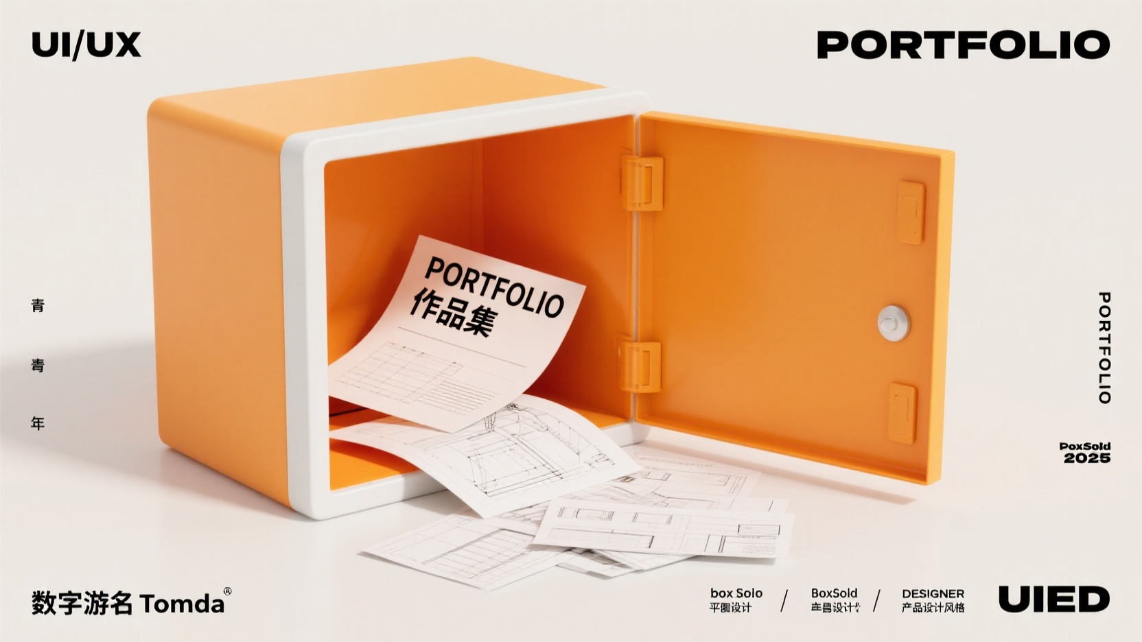 设计师作品集,一个橘黄色的投递箱,占据画面中间偏左的位置。箱子敞开,里面有一张纸,上面写着“PORTFOLIO”和中文的“作品集”。 箱子上方和周围有“PORTFOLIO”、“DESIGNER”等文字,还有年份“2025”。整个画面色调明亮,风格简洁,富有设计感。投递箱的立体效果清晰可见,给人一种时尚和现代的感觉。文字和图案布局合理,易于阅读和理解。图片整体色调明快,橙黄为主色,白色为背景,营造出一种简洁明了的视觉效果。左上角“UI/UX”左下角“数字游名Tomda” 右上角“PORTFOLIO”右下角“UIED”