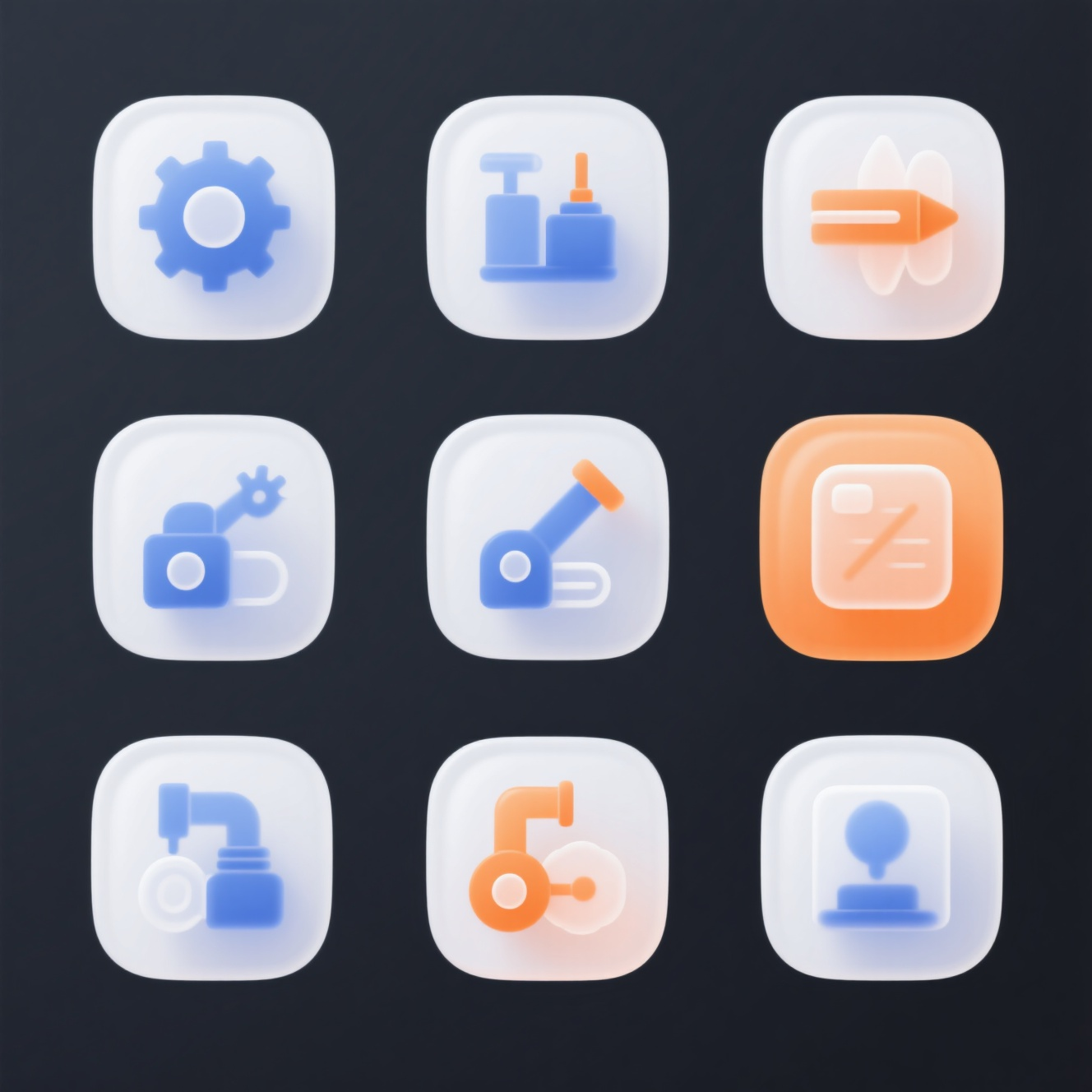 UI图标磨砂玻璃,生成一套制造业的系列图标,小图标,精美,UI,icon,浮雕感,系列感,风格统一,高级感,简约,蓝青橘白配色,最佳画质,创意,彩色,高级,半透明,浅白色和橙色背渐变,毛玻璃质感,高保真,4K