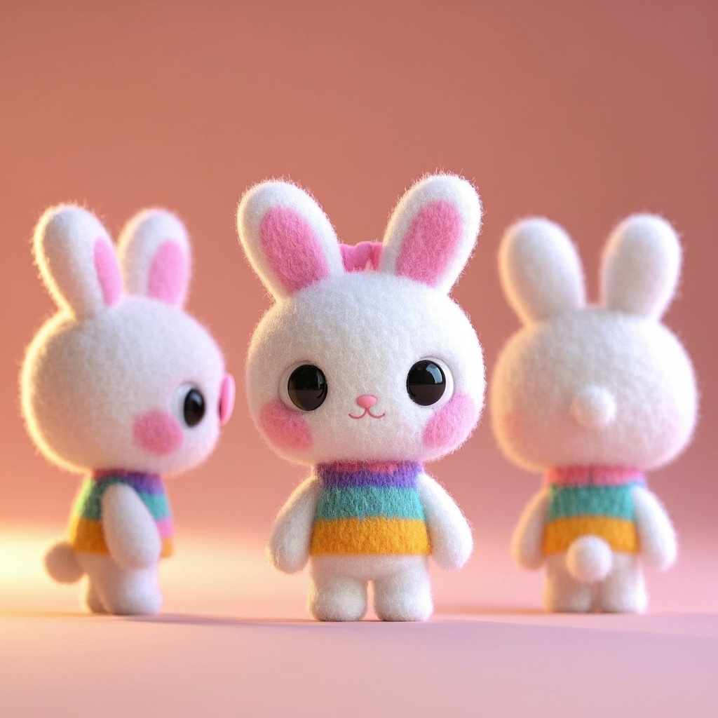 IP形象设计Q版兔子,chibi人物设计,毛毡小兔子,拟人ip,萌脸大眼,高饱和度配色,杰作,最佳质量,三观,正视图,侧视图,后视图,