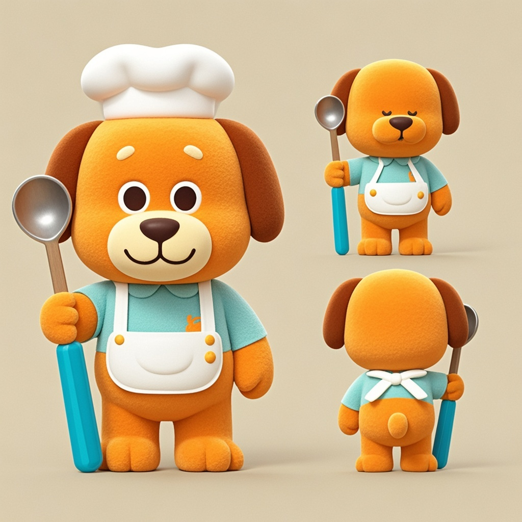 IP形象设计狗厨师,吉祥物设计,盲盒风格, 全身, 可爱的橘黄色小狗,拿着大勺子, 干净的背景, 三视图,即正面图、侧面图和背面图, 插画,扁平