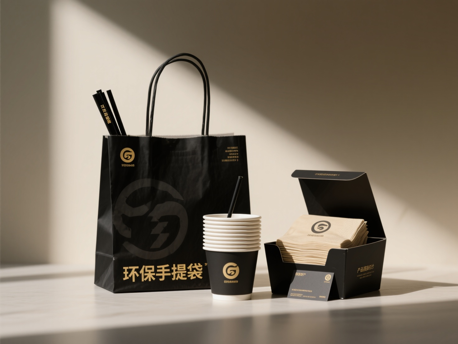 奢侈品品牌CIVI包装,奢侈品牌包装系列:立体展示环保手提袋,吸管,餐巾纸堆叠,环保盒子开盖,一次性饮料杯,品牌卡片。黑金配色,简约图案,高级材质如皮革纹理,平面效果。