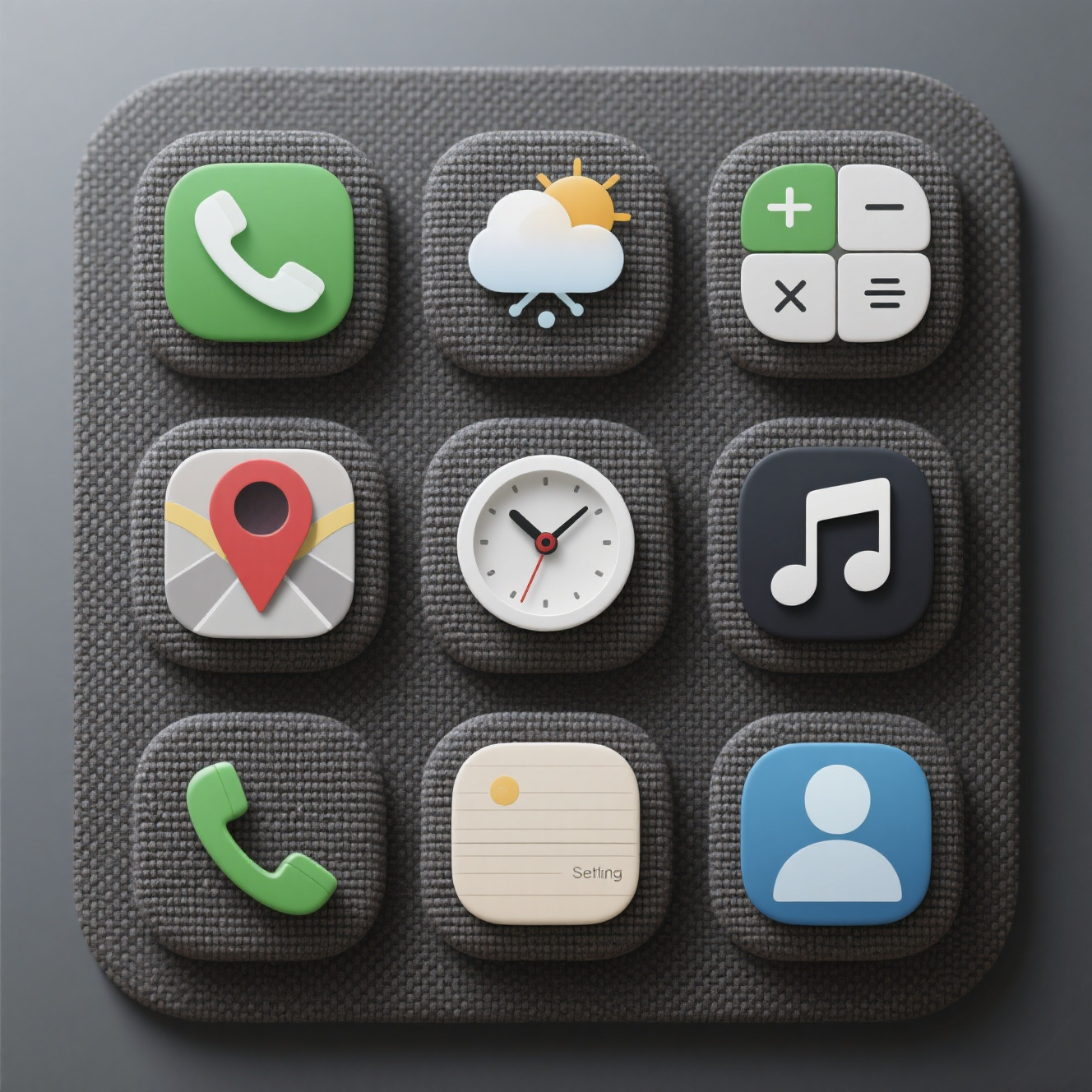 UI图标手机软件,九宫格,四个圆角矩形,纺织布质感,又要有科技感,图标,UI风格,八个图标分别对短信、电话、天气、计算器、地图、闹钟、音乐、电话簿、设置、个人,高清,杰作,阴影逼真,细节丰富