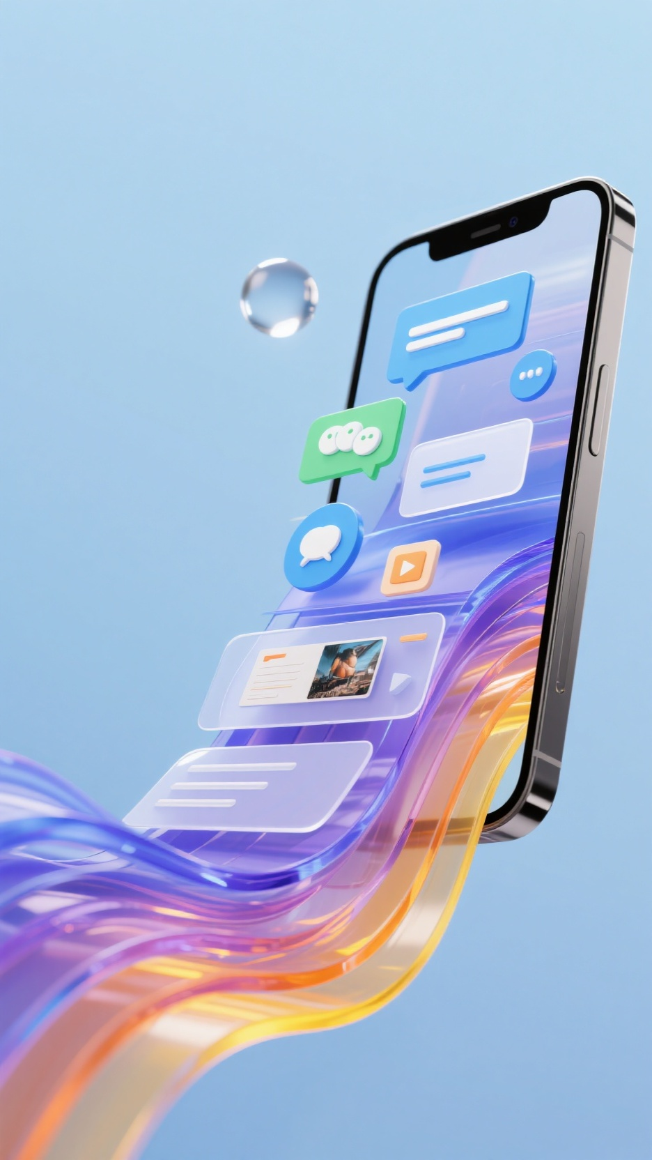 UI手机效果图,左边有个手机模型屏幕上蔓延出(采用玻璃质感,3d输出),起伏流动的透明玻璃质感宽度铺满的信息带从左上角往右下角飘动,很多条信息带宽窄不一致的叠在一起,带体呈蓝色、紫色、橙黄色透明渐变色,具备玻璃反射质感。信息带上集成了各类UI图标,如对话气泡、短信图标、卡片、图片,视频,具有3D立体风格。整体画面背景为浅蓝色纯色背景,光感柔和,带有悬浮球形高光元素。画面整体具有未来感、科技感和短信等结合,适用于智能生活、数据流、信息可视化等主题。
