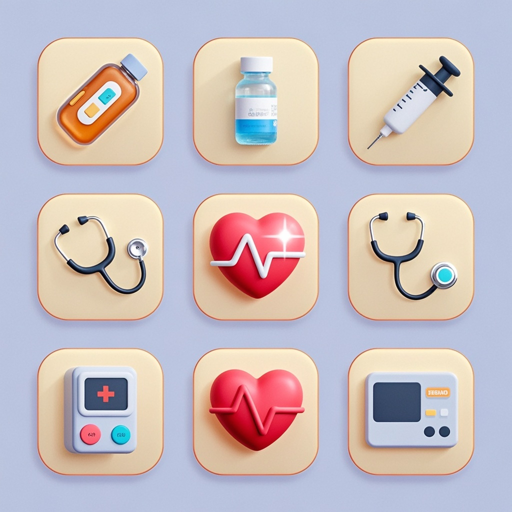 UI图标icon,icon图标设计,一共九个,图标顺序依次是:药品, 注射器,试纸,听诊器,心率,心脏,3D,立体感,颜色统一