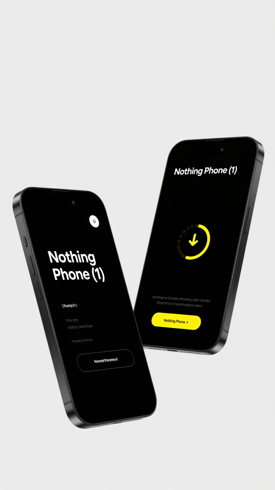 UI手机效果图,呈现两部黑色手机,其中一部手机屏幕显示黄色加载图标及文字,文字内容为 “Nothing Phone (1) An 88 incredible devices mockup pack for professional UI designers ls.graphics” ,背景为深色,突出手机的科技感与设计感,可能是手机 UI 设计展示或产品宣传,强调手机外观和屏幕显示效果。